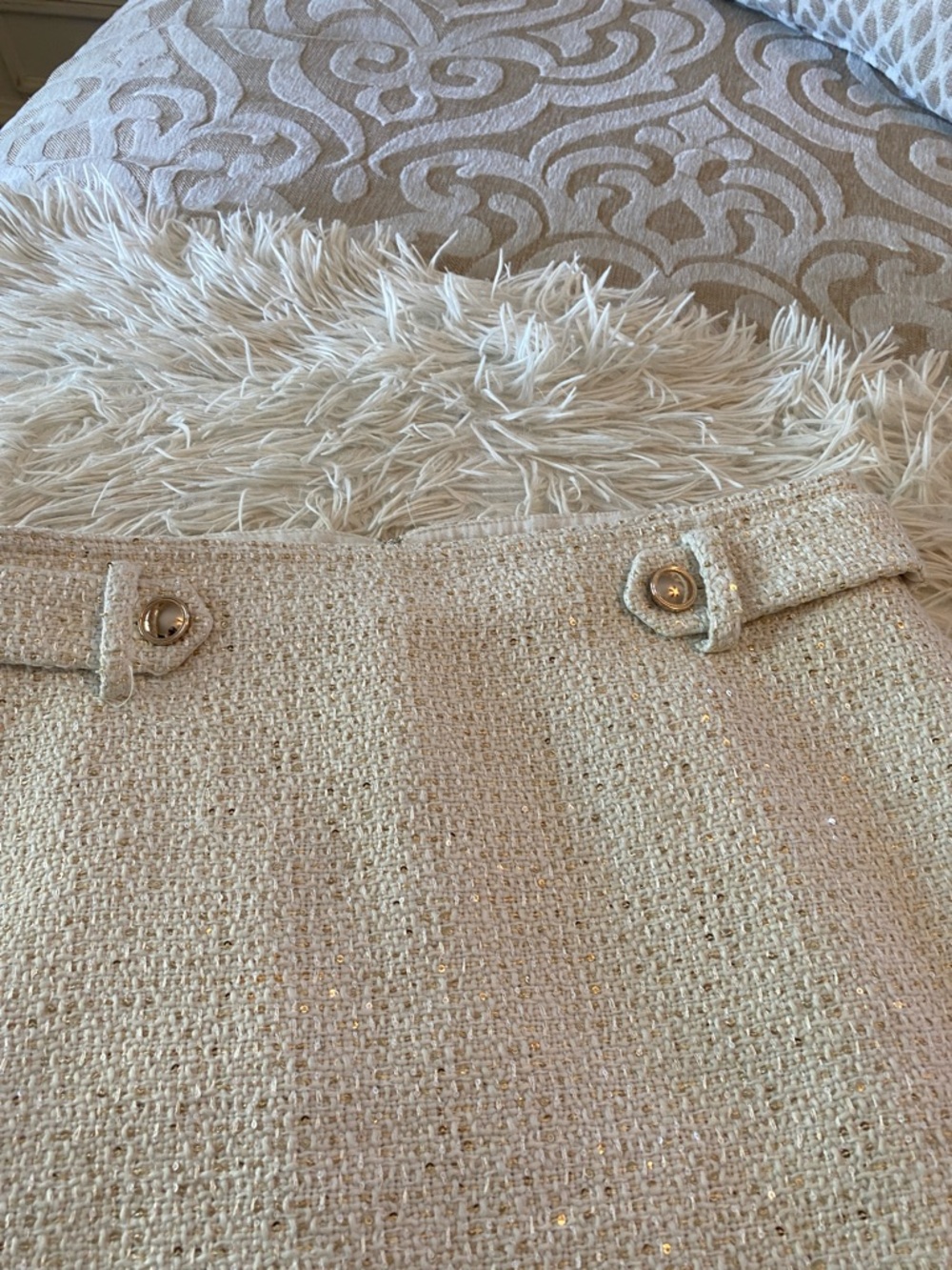 Ann Taylor Cream Tweed Mini Skirt Gold Thread Size 8 Elegant Luxe - Picture 5 of 12